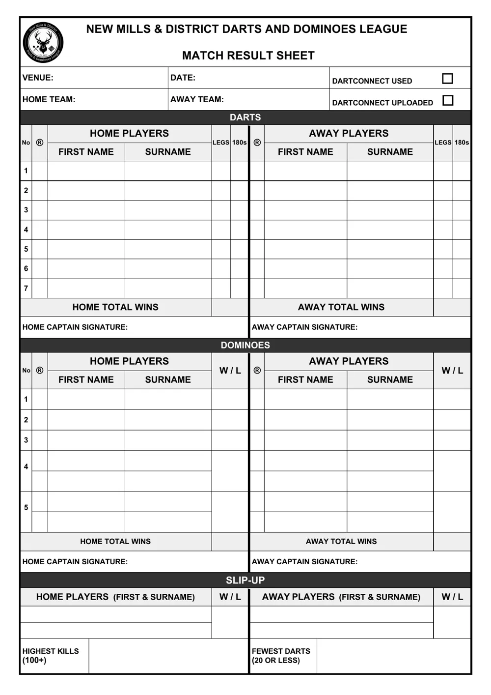 Match result sheet with boxes for 7 darts games, 5 dominoes games, the slip-up, highest kills and fewest darts